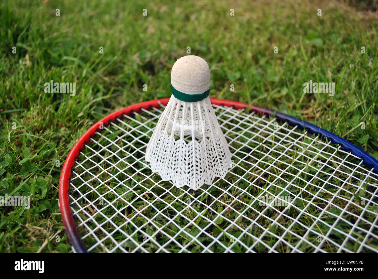 Badminton racchetta e volano su uno sfondo di erba Foto Stock