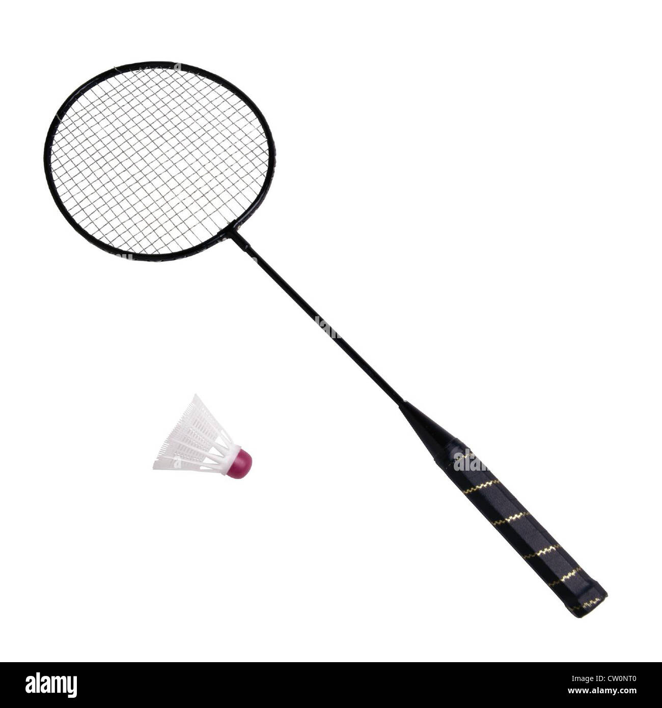 Badminton racchetta e volano isolati su sfondo bianco Foto Stock