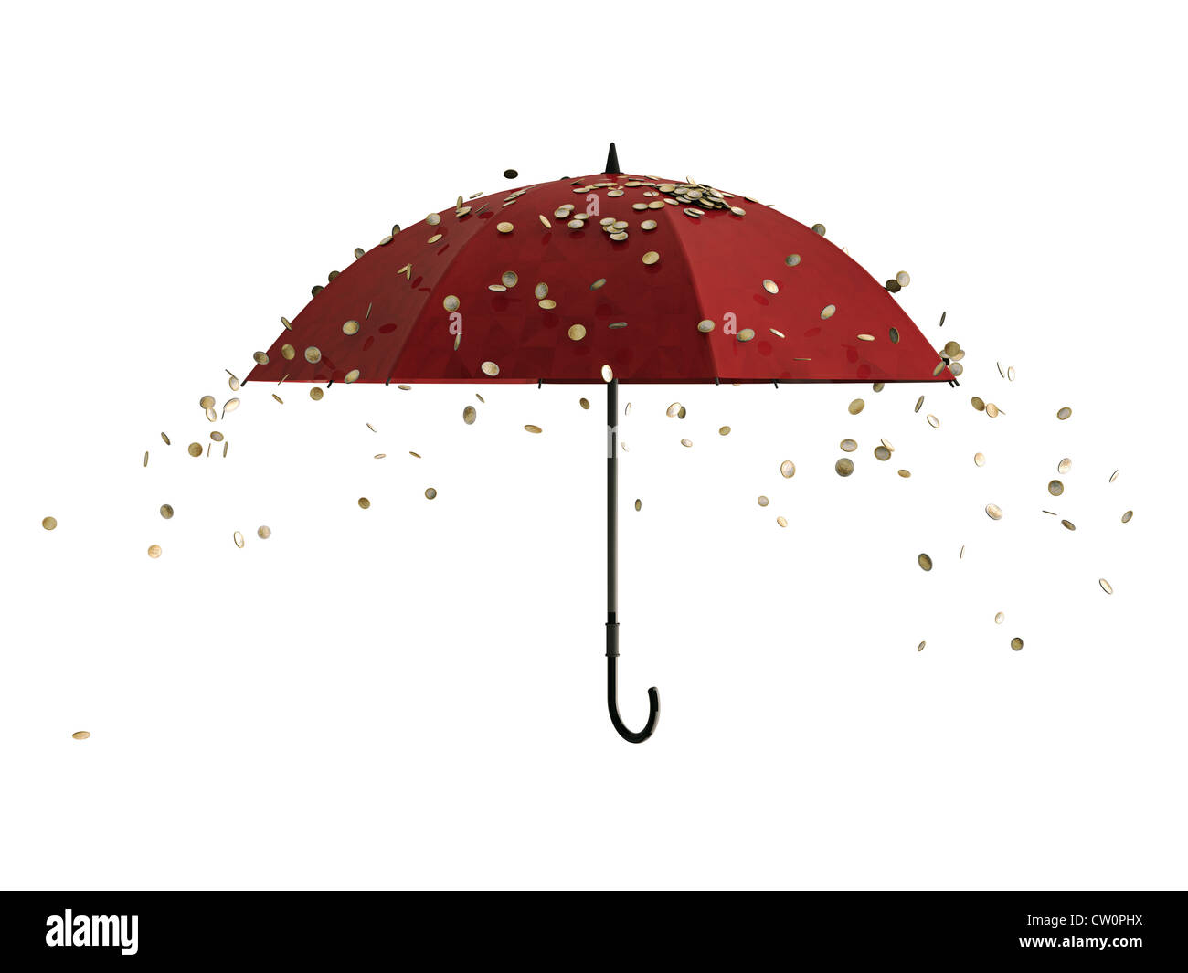 Monete metalliche in euro la caduta verso il basso sopra un ombrello Foto Stock