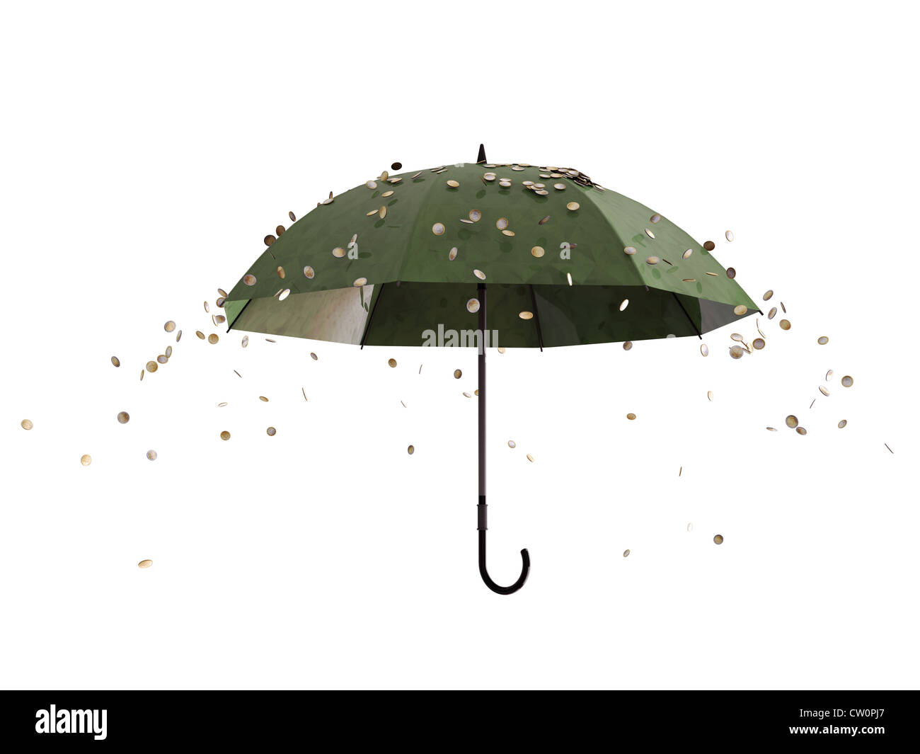 Monete metalliche in euro la caduta verso il basso sopra un ombrello Foto Stock