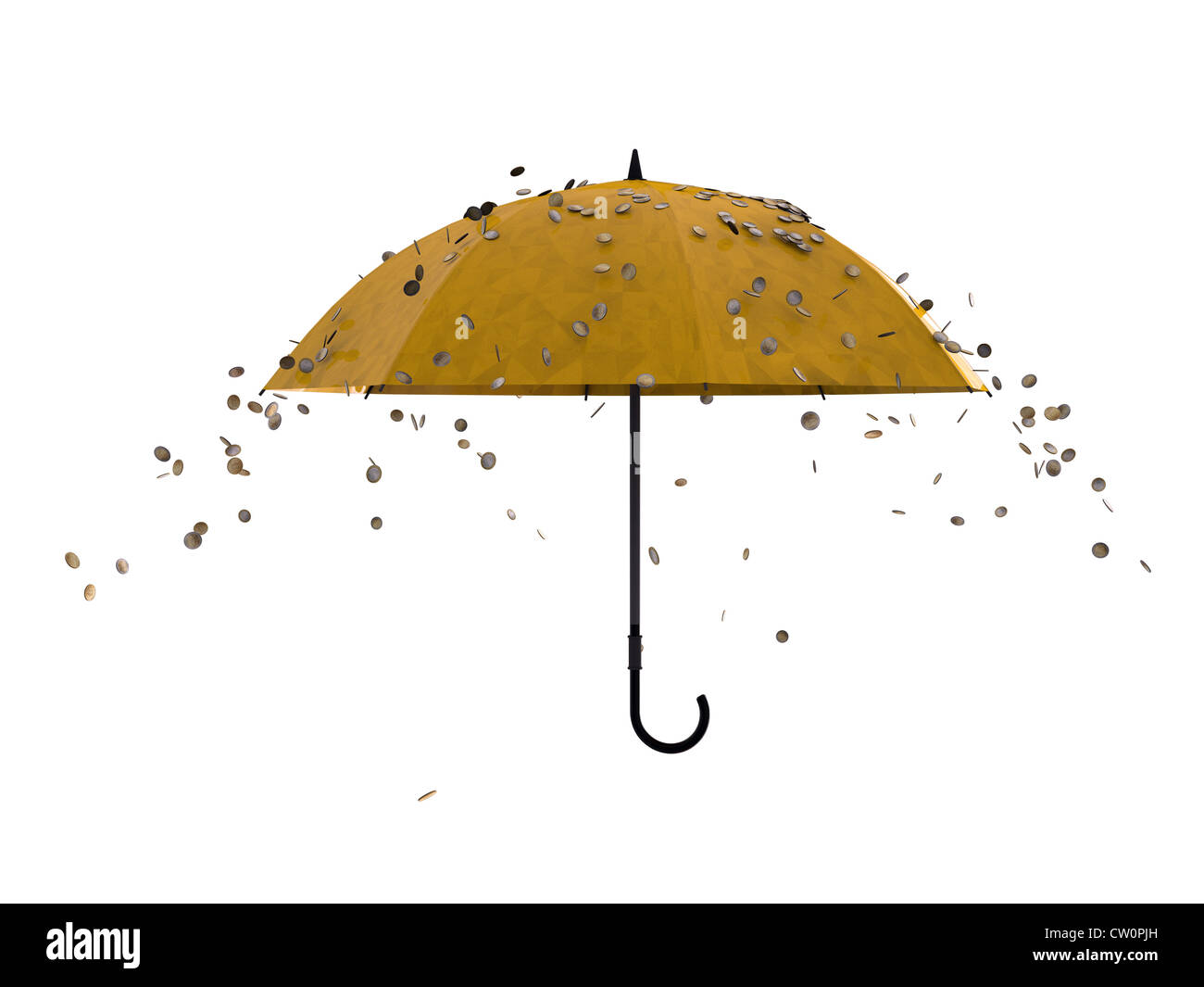 Monete metalliche in euro la caduta verso il basso sopra un ombrello Foto Stock