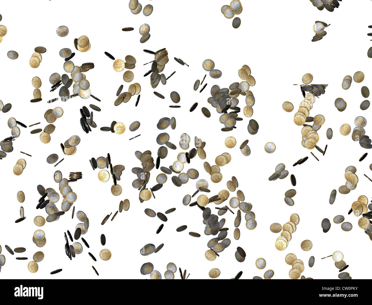 Monete metalliche in euro che rientrano isolati su sfondo bianco Foto Stock