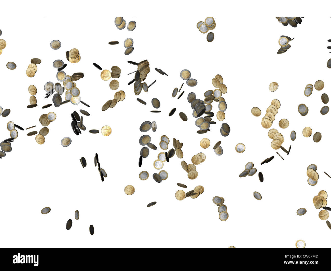 Monete metalliche in euro che rientrano isolati su sfondo bianco Foto Stock