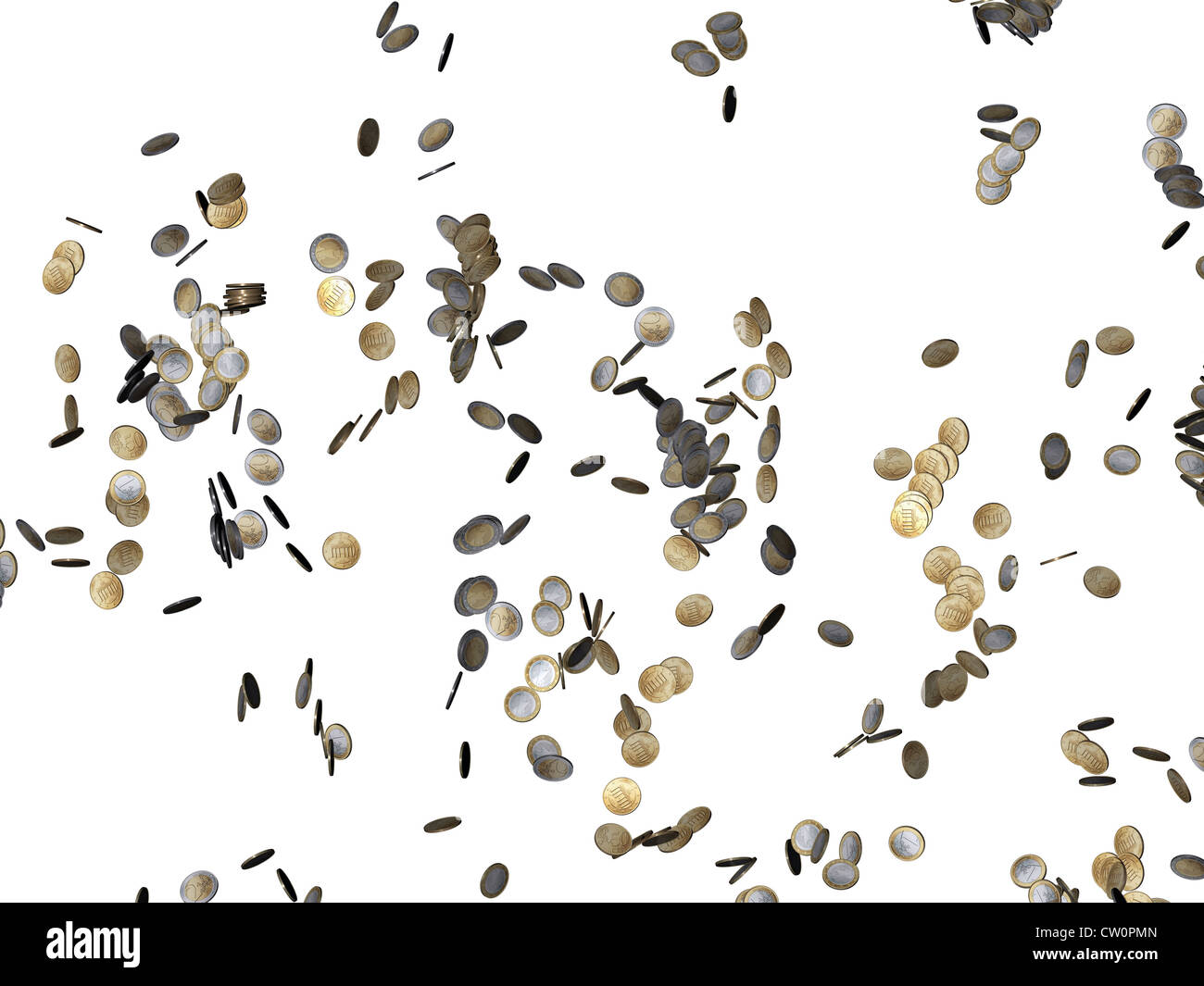 Monete metalliche in euro che rientrano isolati su sfondo bianco Foto Stock