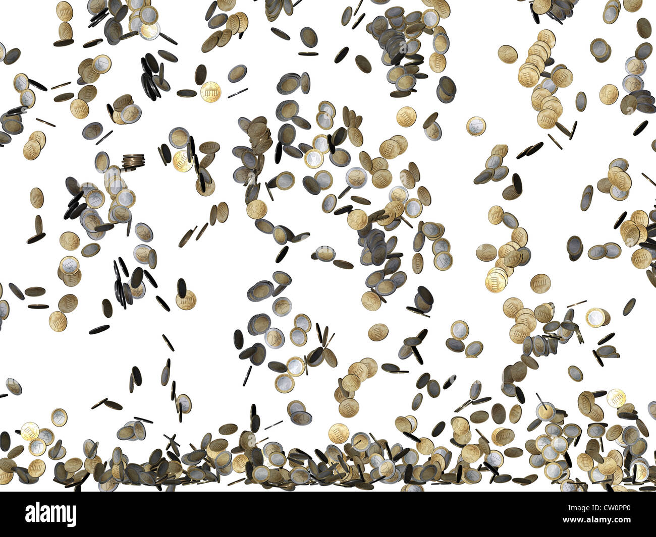 Monete metalliche in euro che rientrano isolati su sfondo bianco Foto Stock