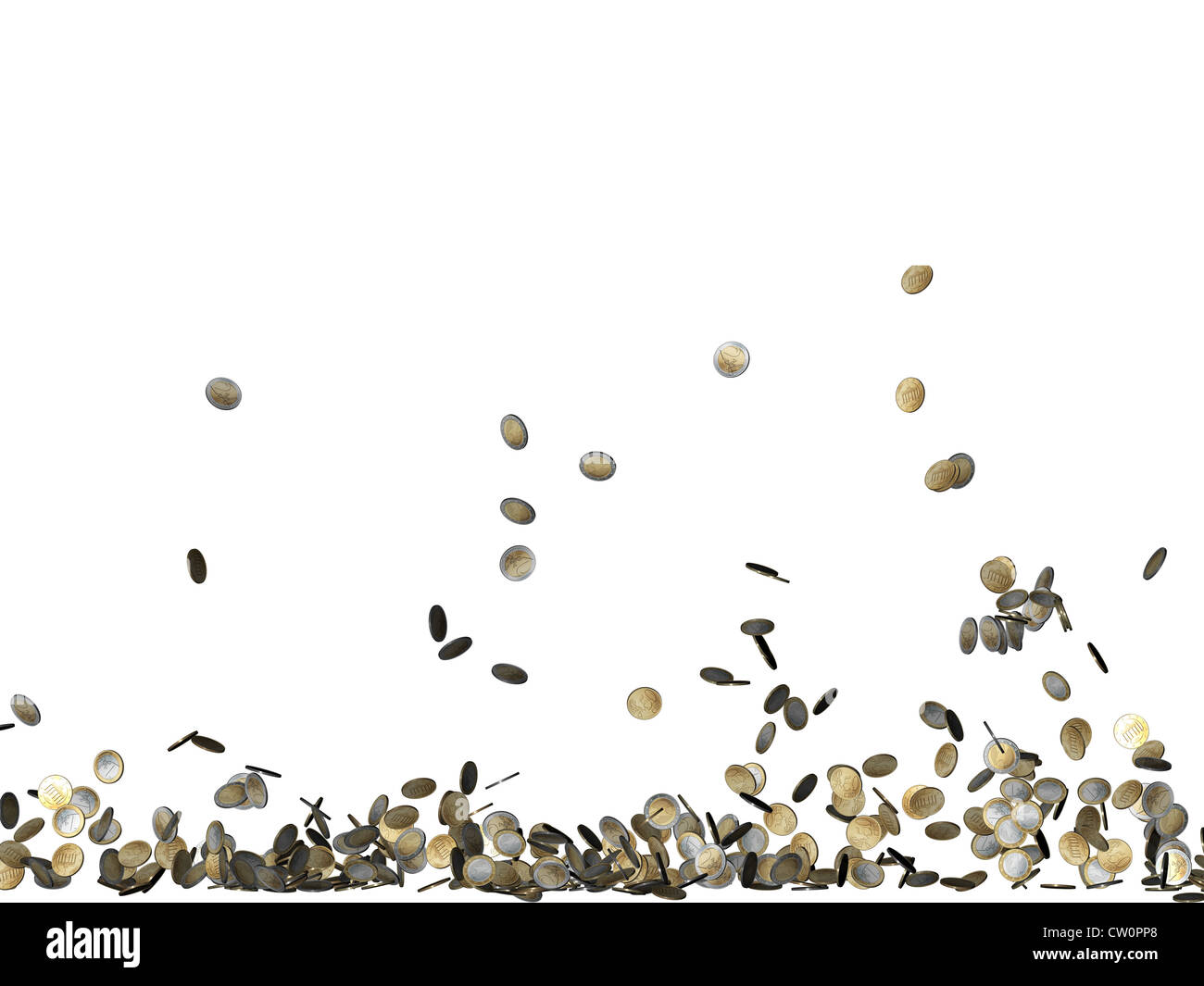 Monete metalliche in euro che rientrano isolati su sfondo bianco Foto Stock