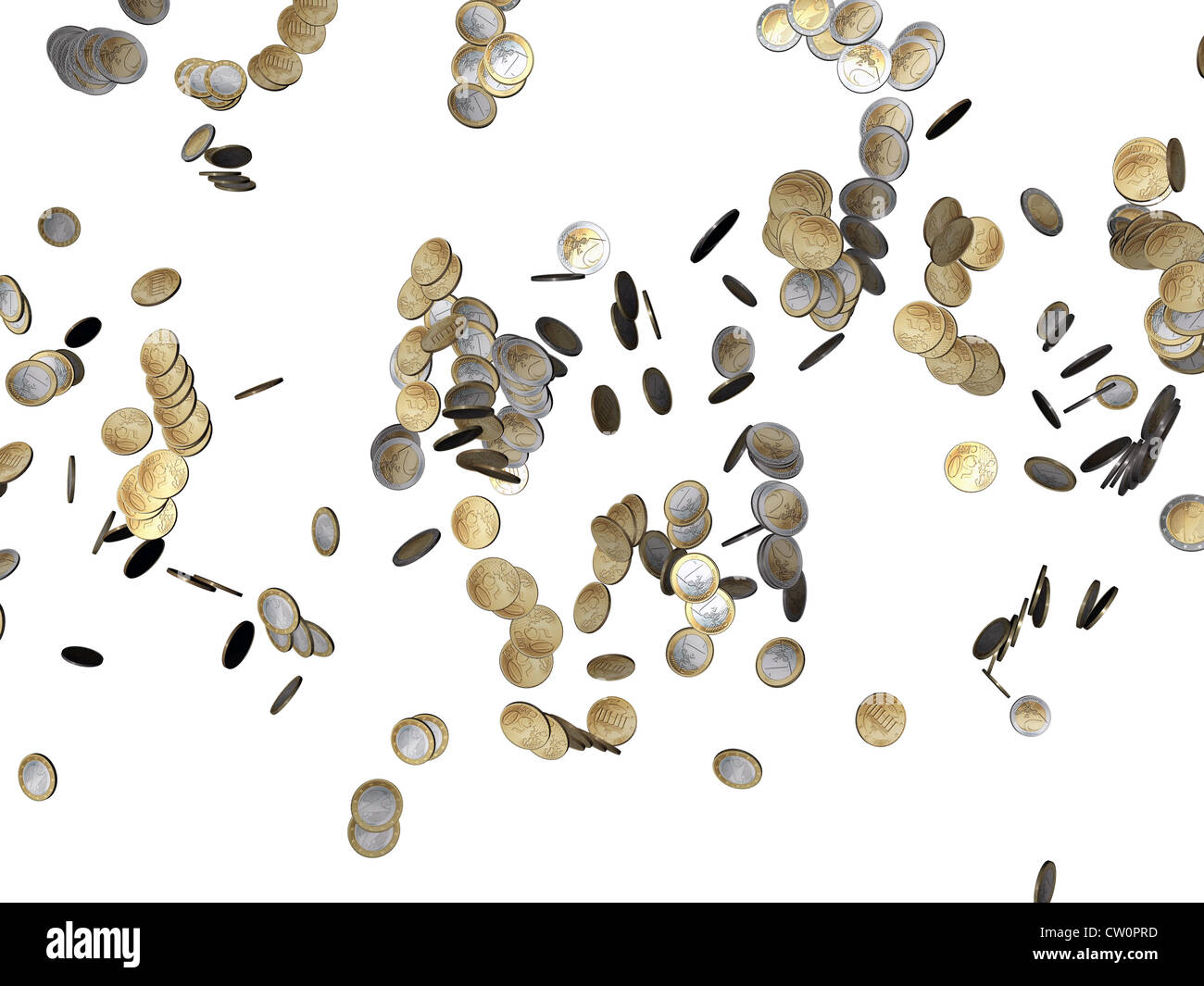 Monete metalliche in euro che rientrano isolati su sfondo bianco Foto Stock