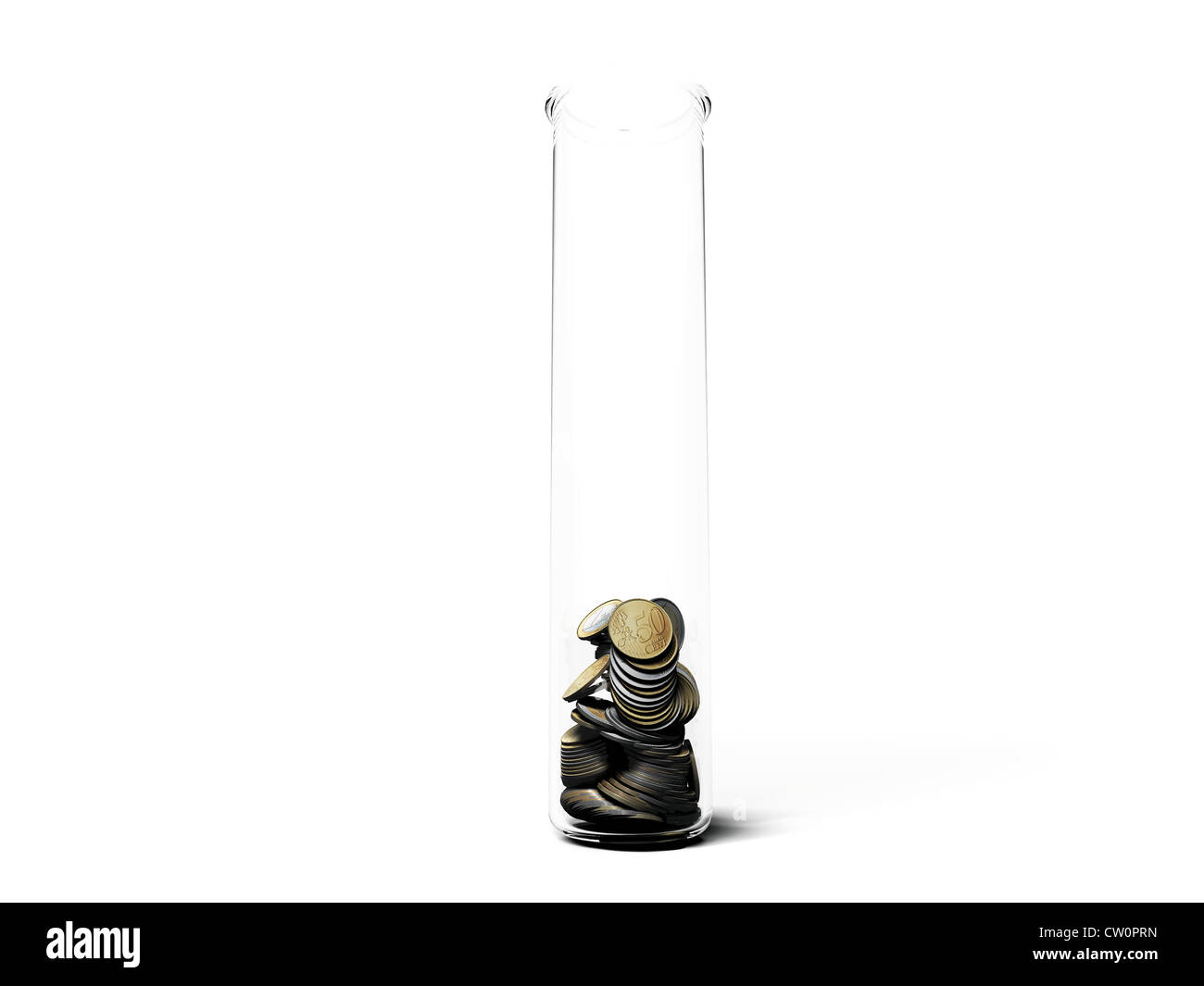 Monete metalliche in euro nel tubo di prova Foto Stock