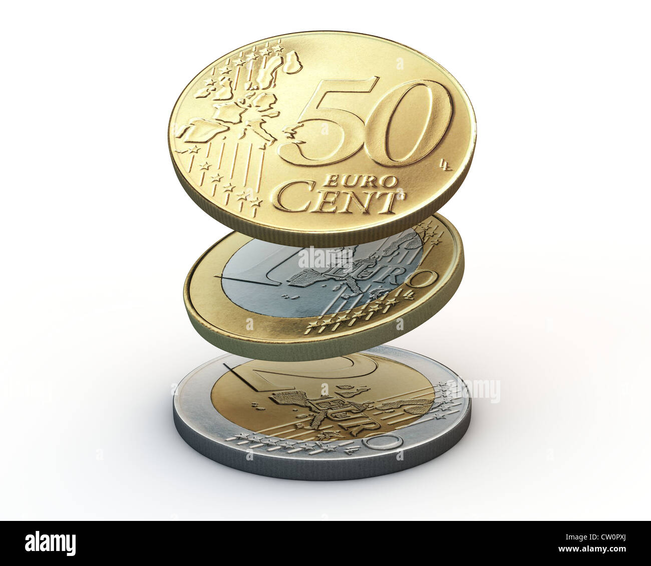 Monete metalliche in euro isolati su sfondo bianco Foto Stock