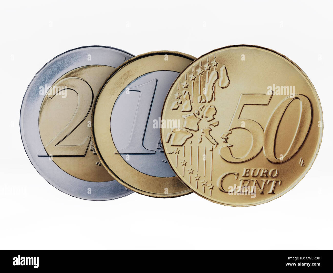 Monete metalliche in euro isolati su sfondo bianco Foto Stock