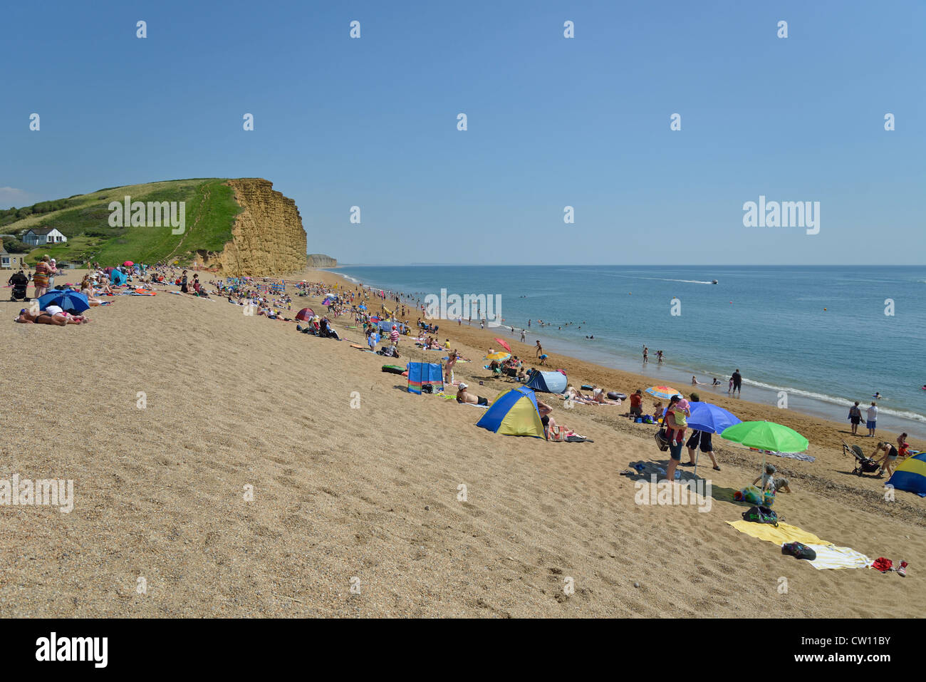 Vista della spiaggia e scogliere, West Bay, Dorset, England, Regno Unito Foto Stock