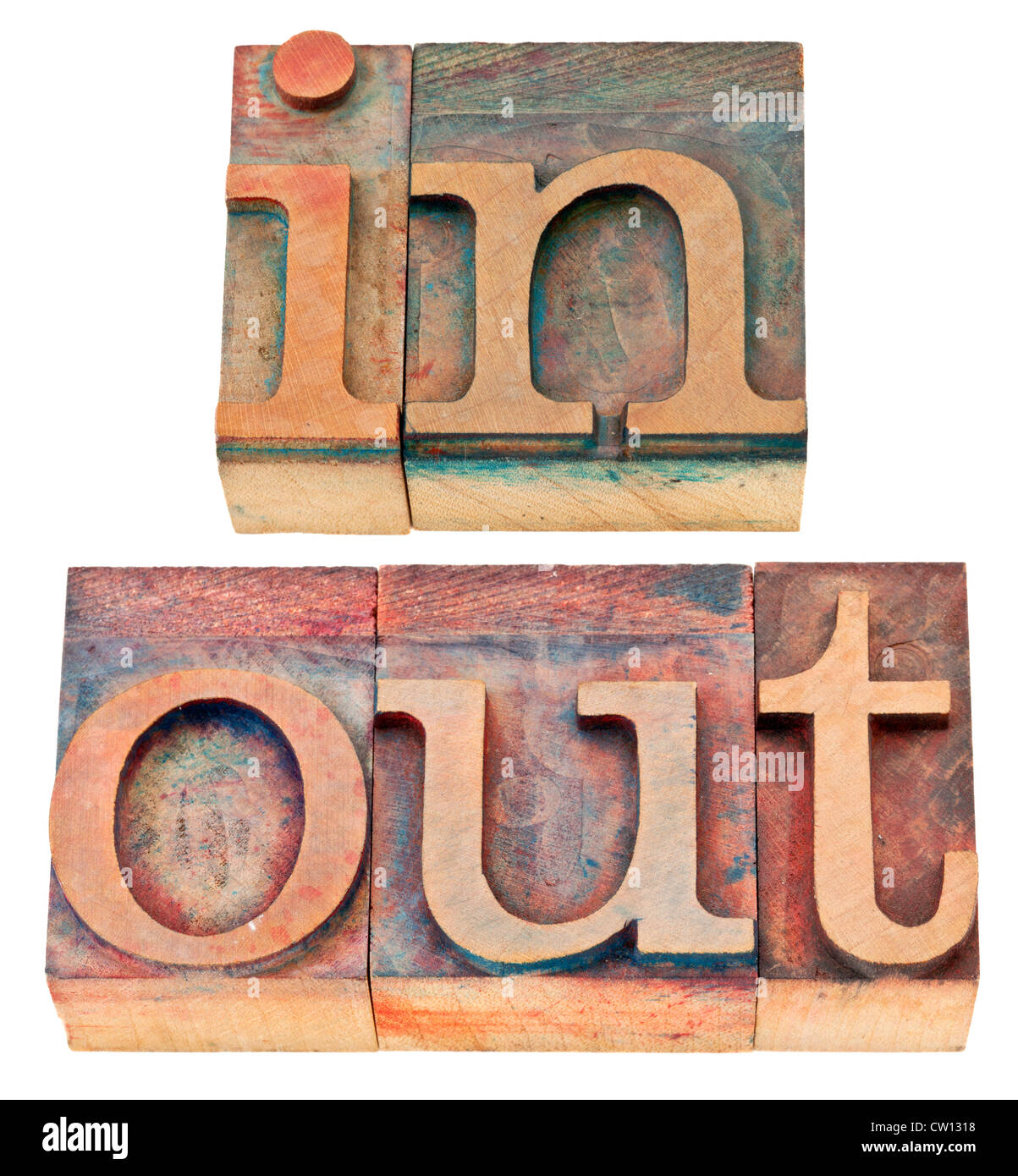 In e Out - parole isolate in rilievografia vintage tipo legno Foto Stock