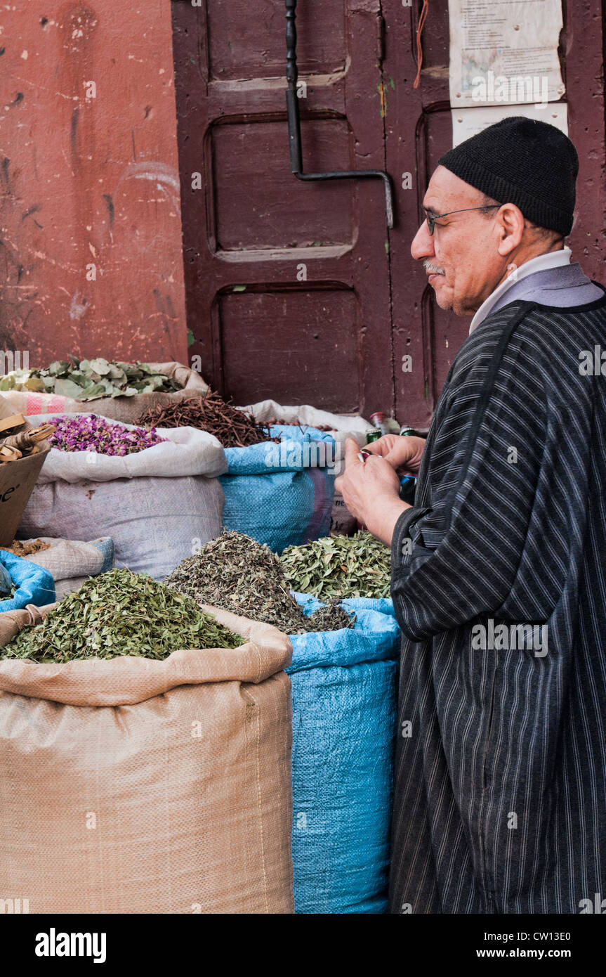 Fornitore di spezie nell'antica medina di Marrakech, Marocco Foto Stock