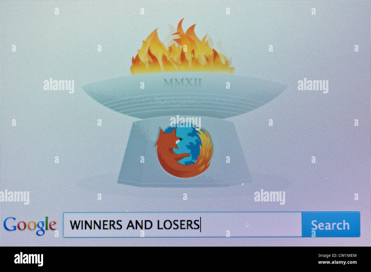 Schermo di computer con google ricerca di vincitori e vinti Foto Stock