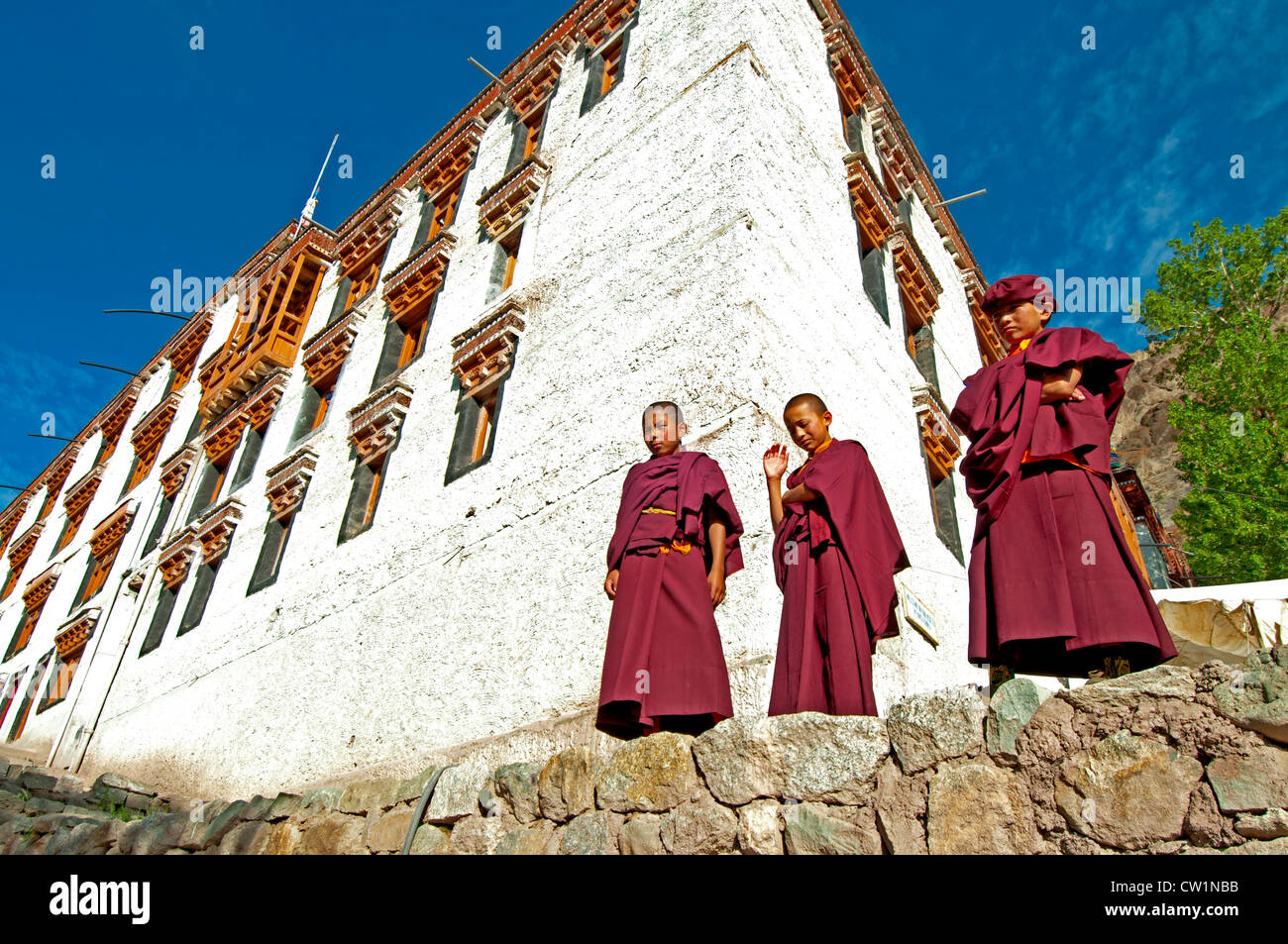 Tre giovani monaci vestito in abiti rossi in piedi su un muro di pietra di fronte ad un edificio al monastero di Hemis in Ladakh, India Foto Stock