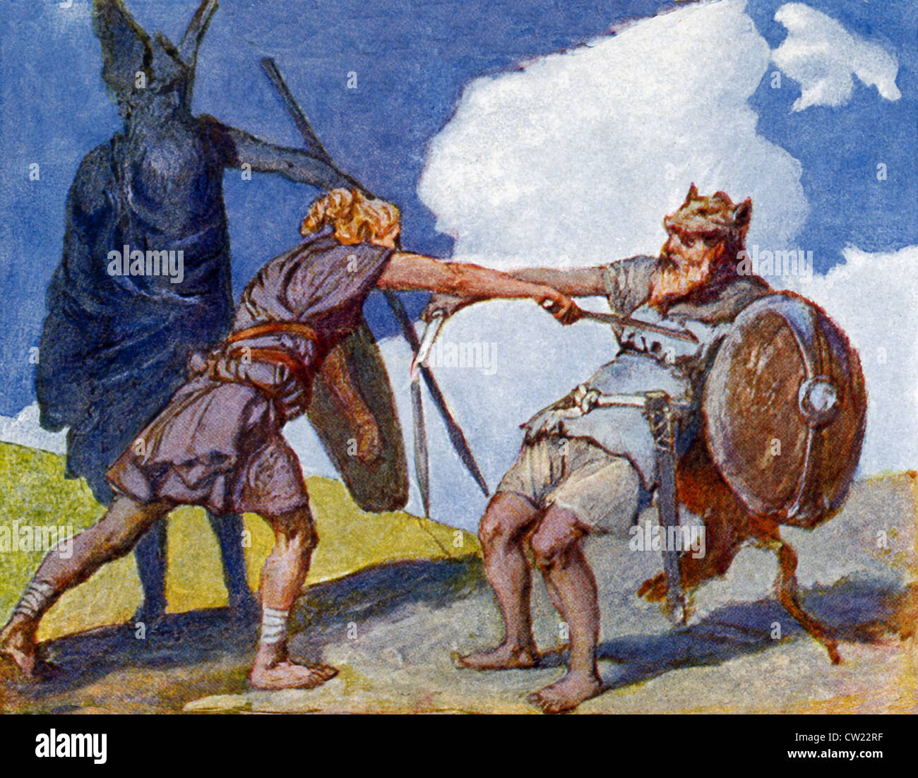 Quando Sigmund è diventata un righello, ci è una battaglia e Sigmund è abbinata a un uomo anziano che Odin sotto mentite spoglie. Foto Stock