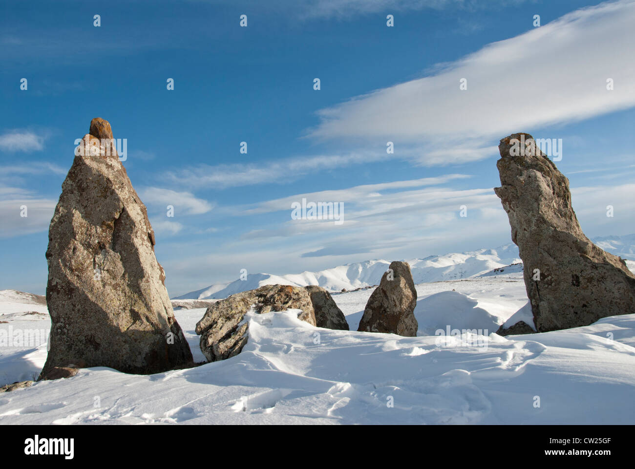 Zorats Karer colonne di basalto, Sisian Suyunik, Armenia Foto Stock