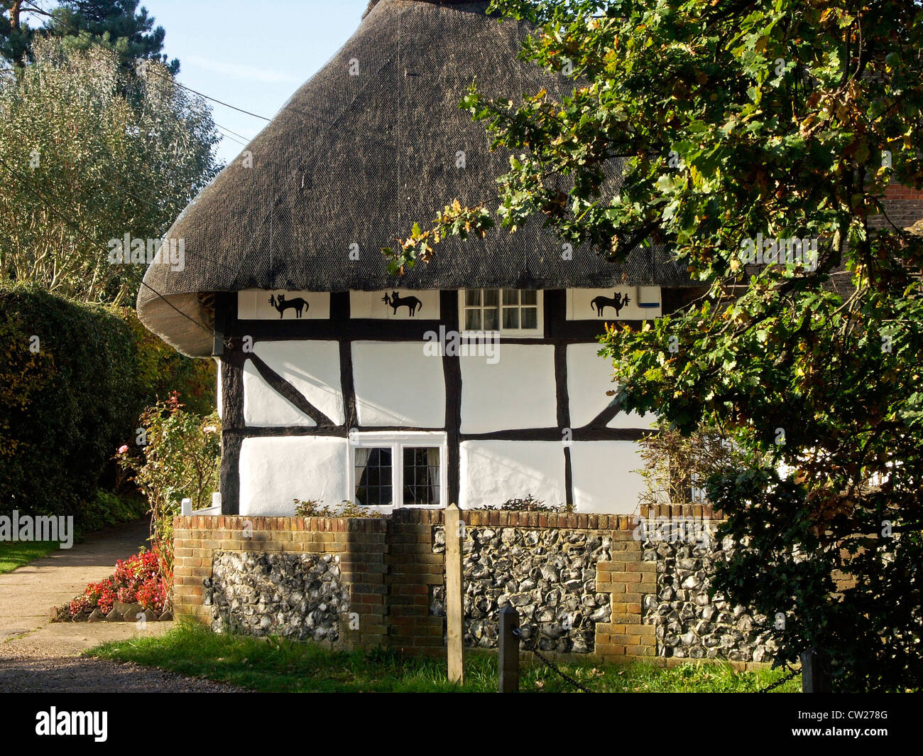 Il gatto di casa, a Henfield, West Sussex, in Inghilterra, il cottage con il tetto di paglia ha immagini raffiguranti un gatto e un canarino. Foto Stock