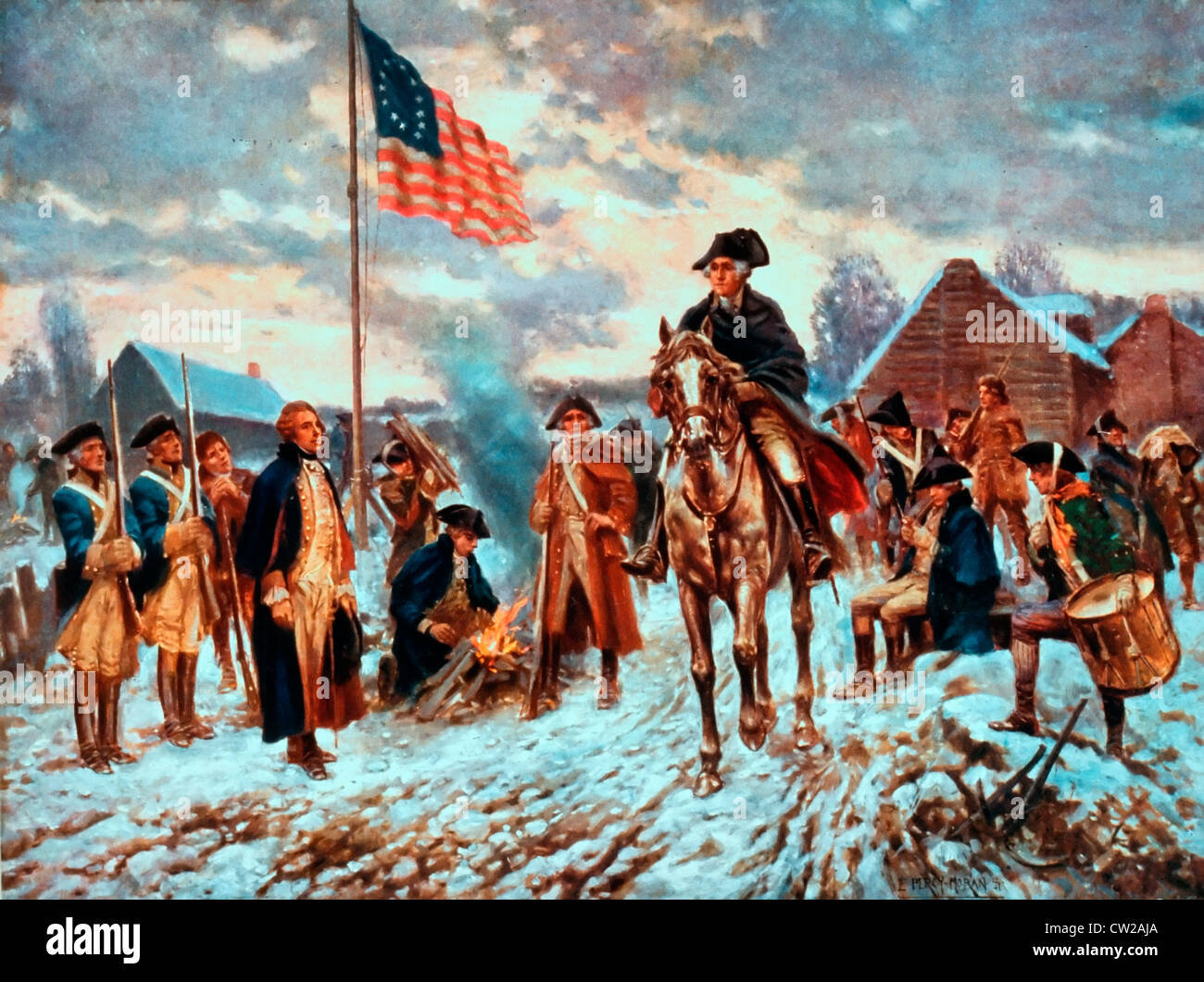 A Washington Valley Forge - George Washington a cavallo nella neve a Valley Forge. Foto Stock