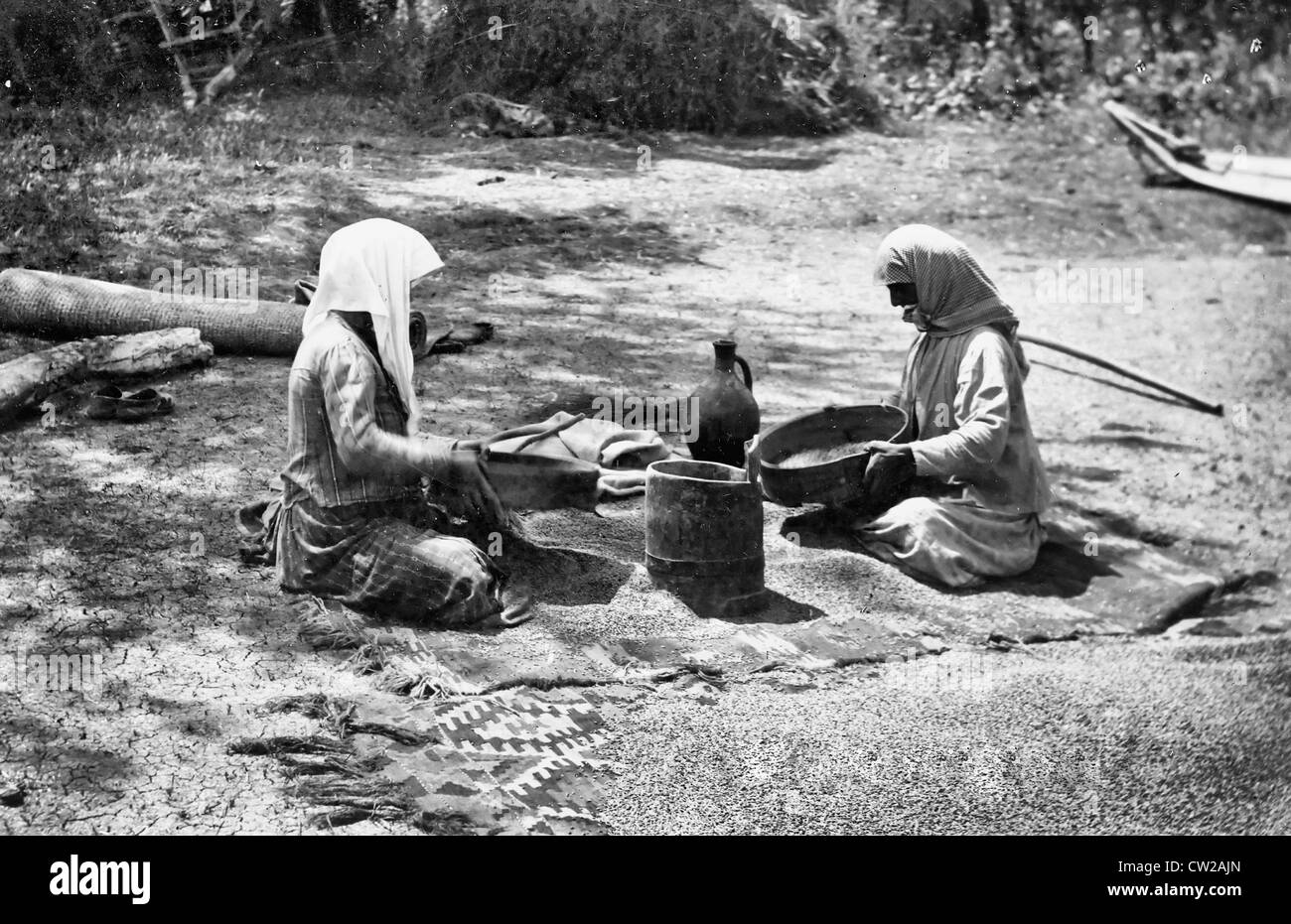Due donne di spulatura grano, Caucaso, Georgia (Repubblica), circa 1890 Foto Stock
