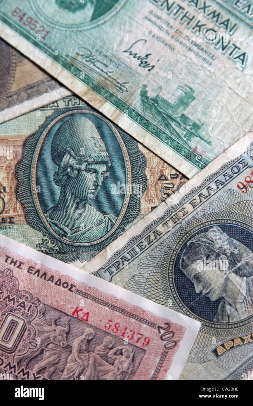 Set di vecchie banconote in Grecia Foto Stock
