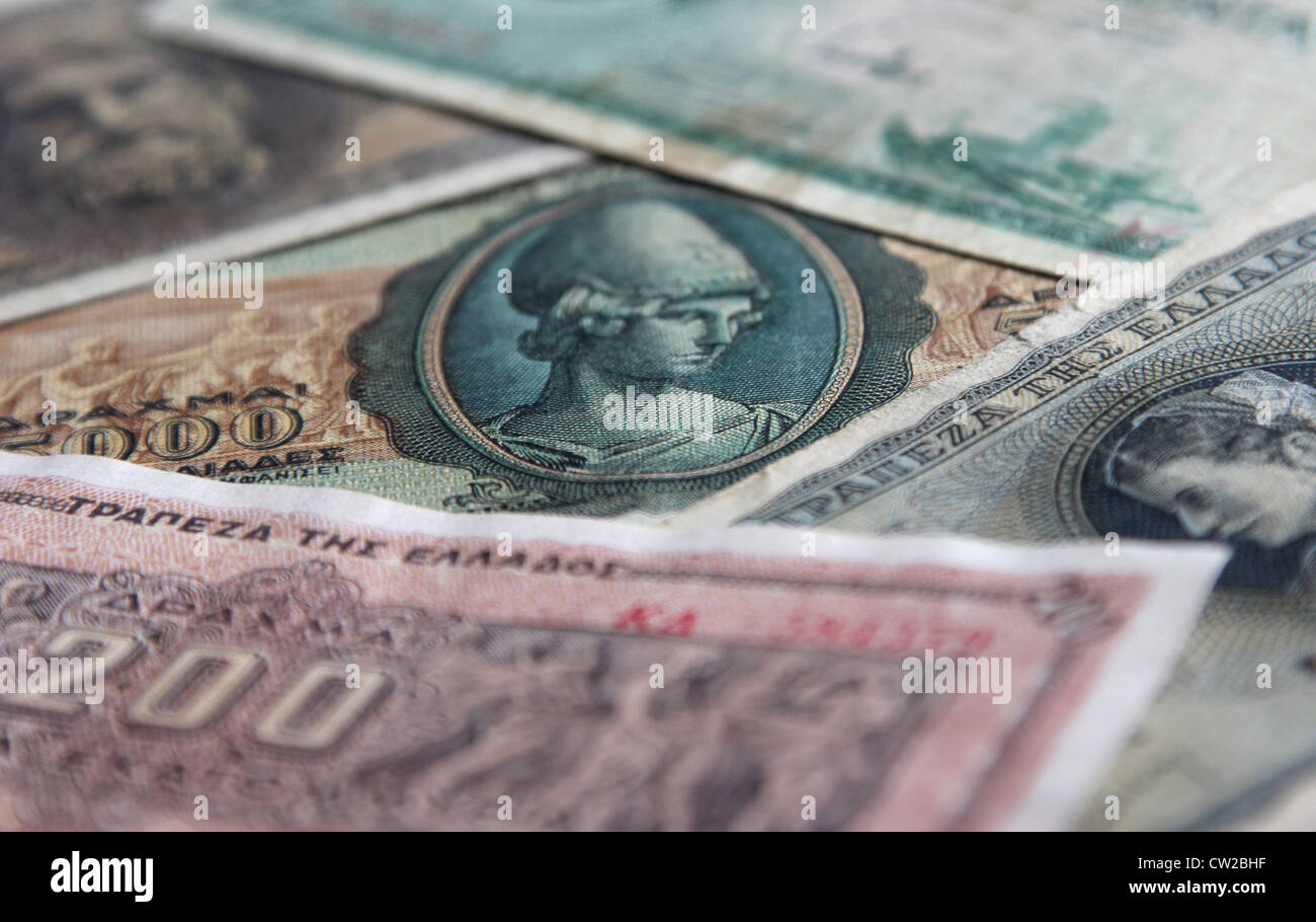 Set di vecchie banconote in Grecia Foto Stock