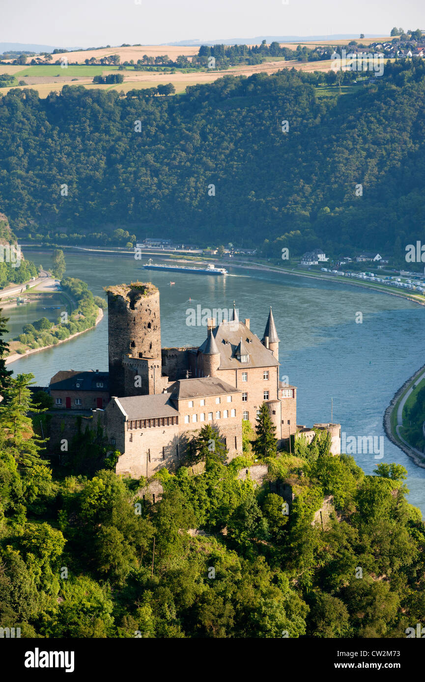 Storico castello Burg Katz sopra il fiume Reno presso il St Goarshausen, Renania Palatinato Germania Foto Stock