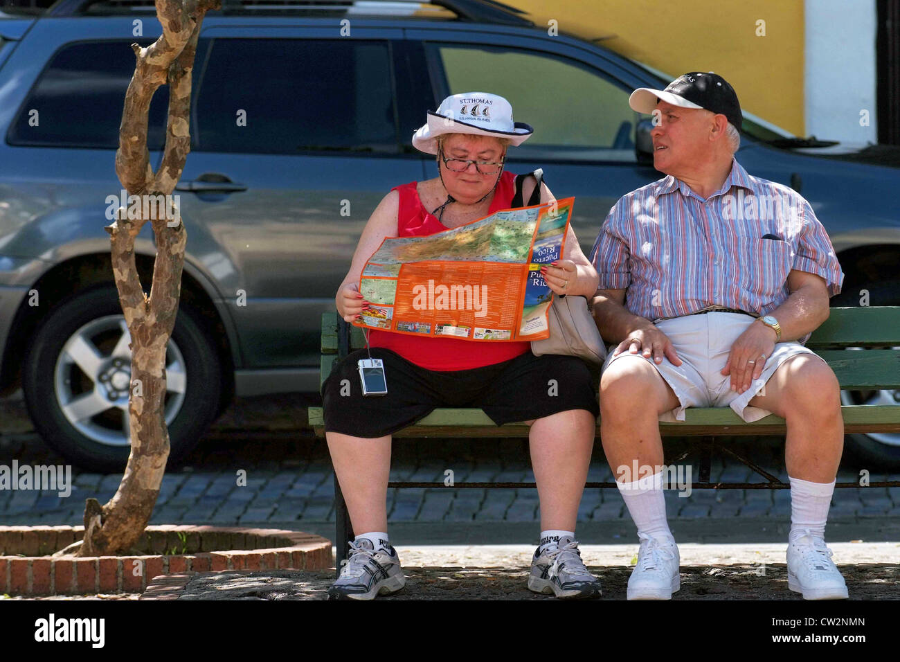 PUERTO RICO - SAN JUAN - La Città Vecchia Plaza San Jose - controllo della mappa. Foto Stock