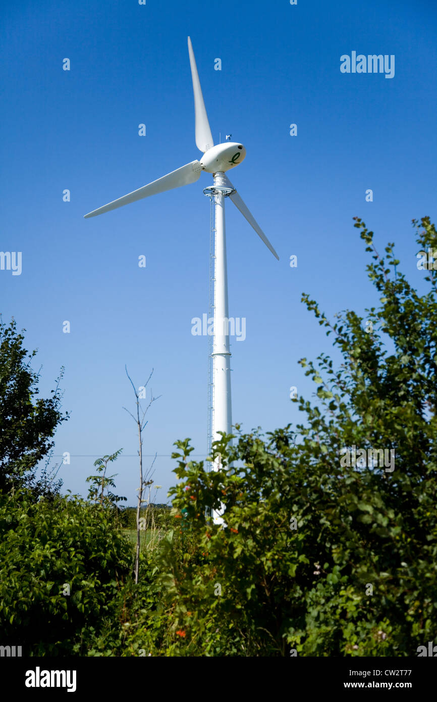 Nuova turbina eolica Endurance e-3120 da 50 kW, vista qui nel Nord Norfolk, si trova contro un cielo azzurro nella campagna inglese. Foto Stock