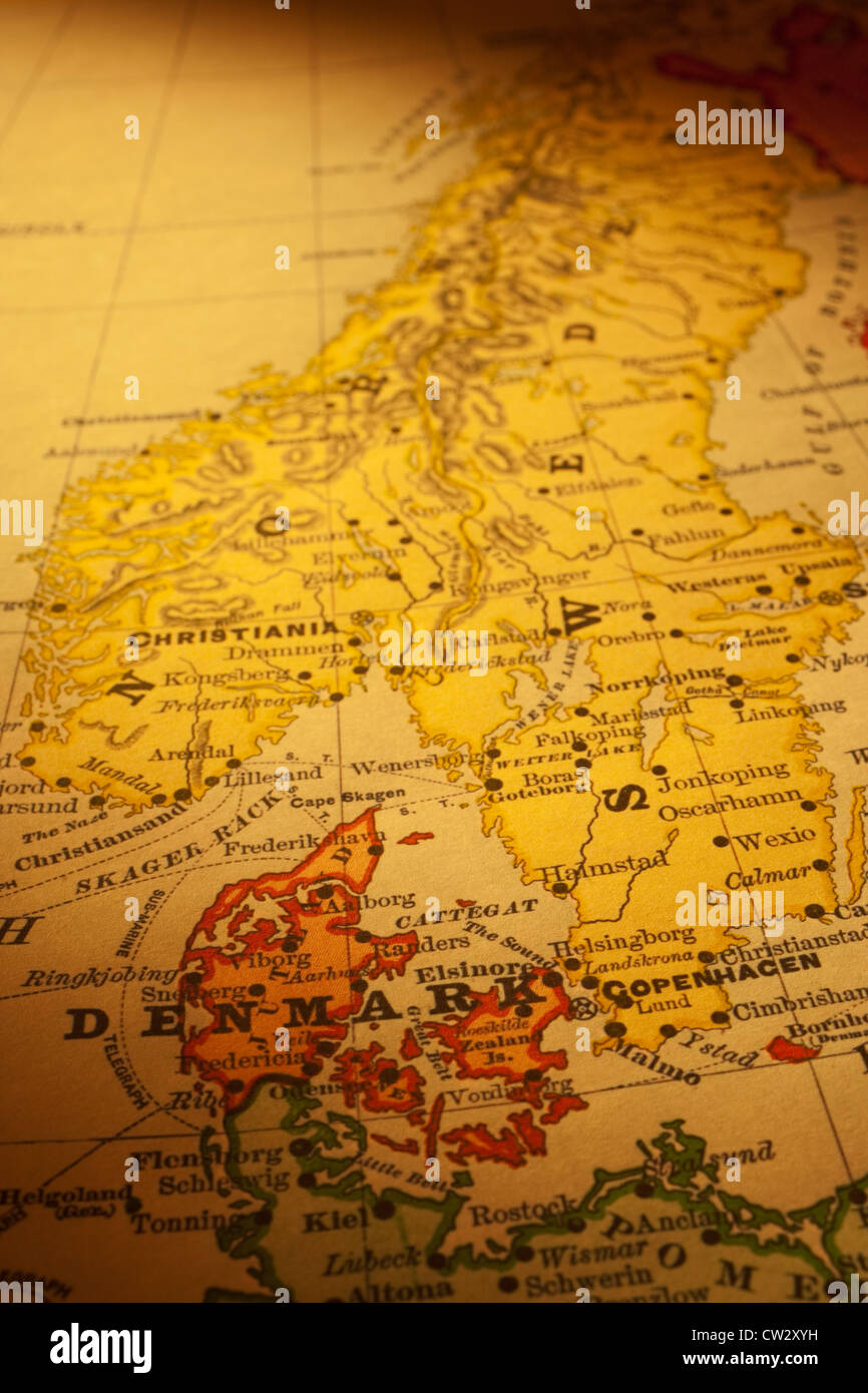 Mappa vecchia di Danimarca, Norvegia e Svezia, il focus è sulla Danimarca. Mappa è dal 1894 ed è al di fuori del diritto d'autore. Foto Stock