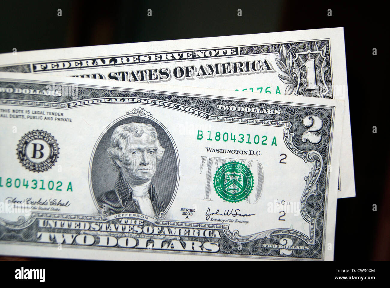 Dollari degli Stati Uniti d'America.Uno e Due dollari moneta note Foto Stock