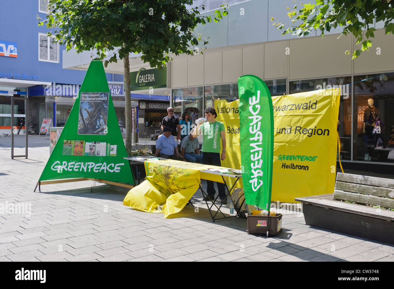 Greenpeace banco informazioni nella zona pedonale promuovendo la Foresta Nera Schwarzwald Regione - Heilbronn Germania Foto Stock