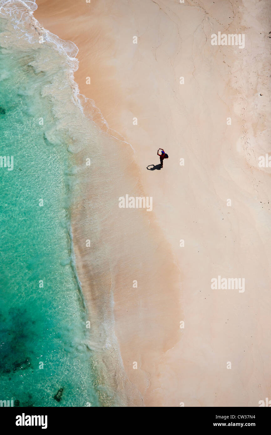 Vista aerea del turista sulla spiaggia al largo della costa di Praslin.Seychelles Foto Stock
