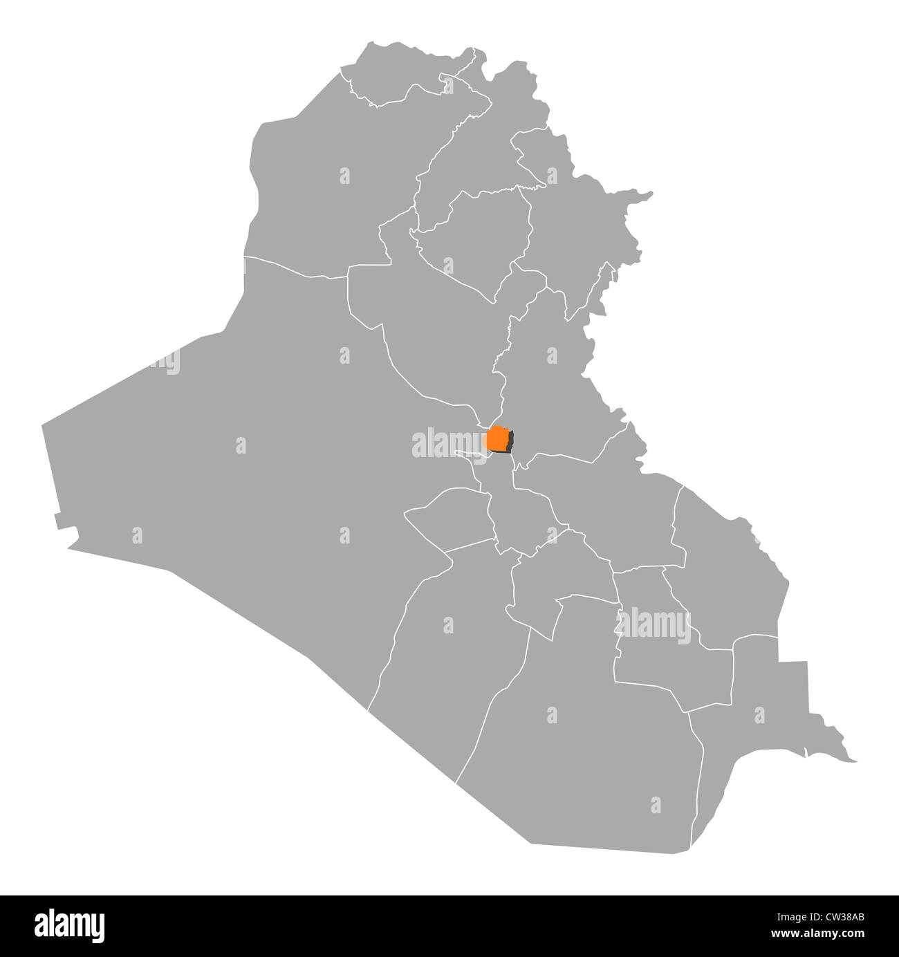 Mappa politica dell'Iraq con i vari governatorati dove Bagdad è evidenziata. Foto Stock