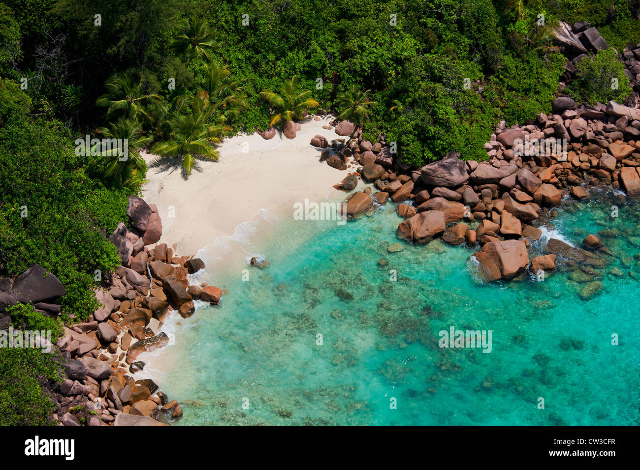 Vista aerea di una spiaggia appartata, costa di Praslin.Seychelles Foto Stock