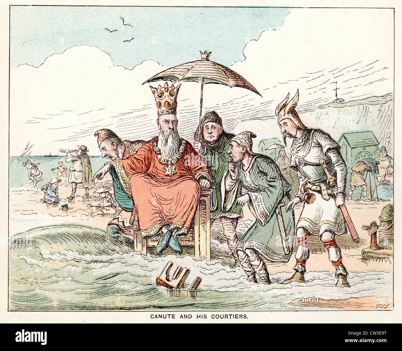 Schizzo di fumetti da T S Seccombe mostra re canuto e i suoi cortigiani cercando di fermare la marea. Foto Stock