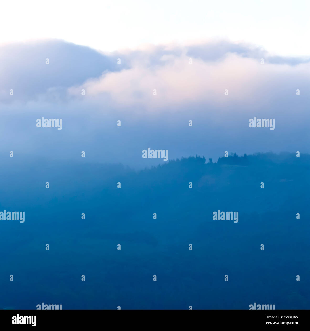 Alba a Macclesfield foresta con formazione di nebbia sulle colline Foto Stock
