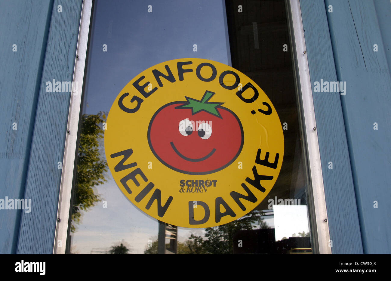 Stoccarda, anti-alimenti GM-sticker Foto Stock