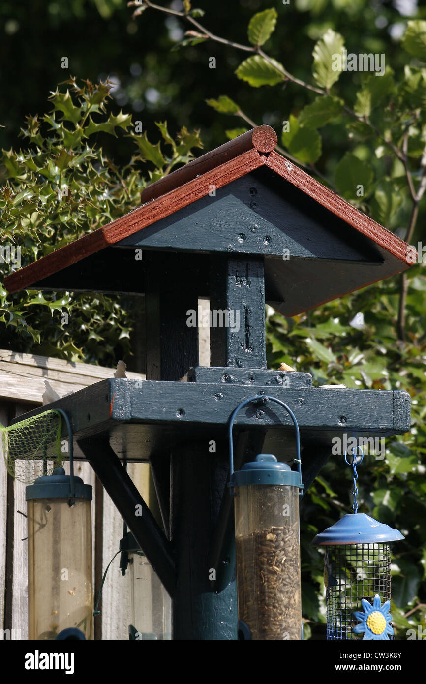 Tabella degli uccelli nel giardino con alimentatori di sementi appeso Foto Stock