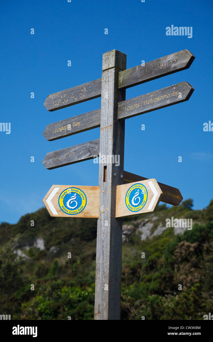 Wales coast Path cartello a bracciale Bay, Mumbles, Galles. Foto Stock