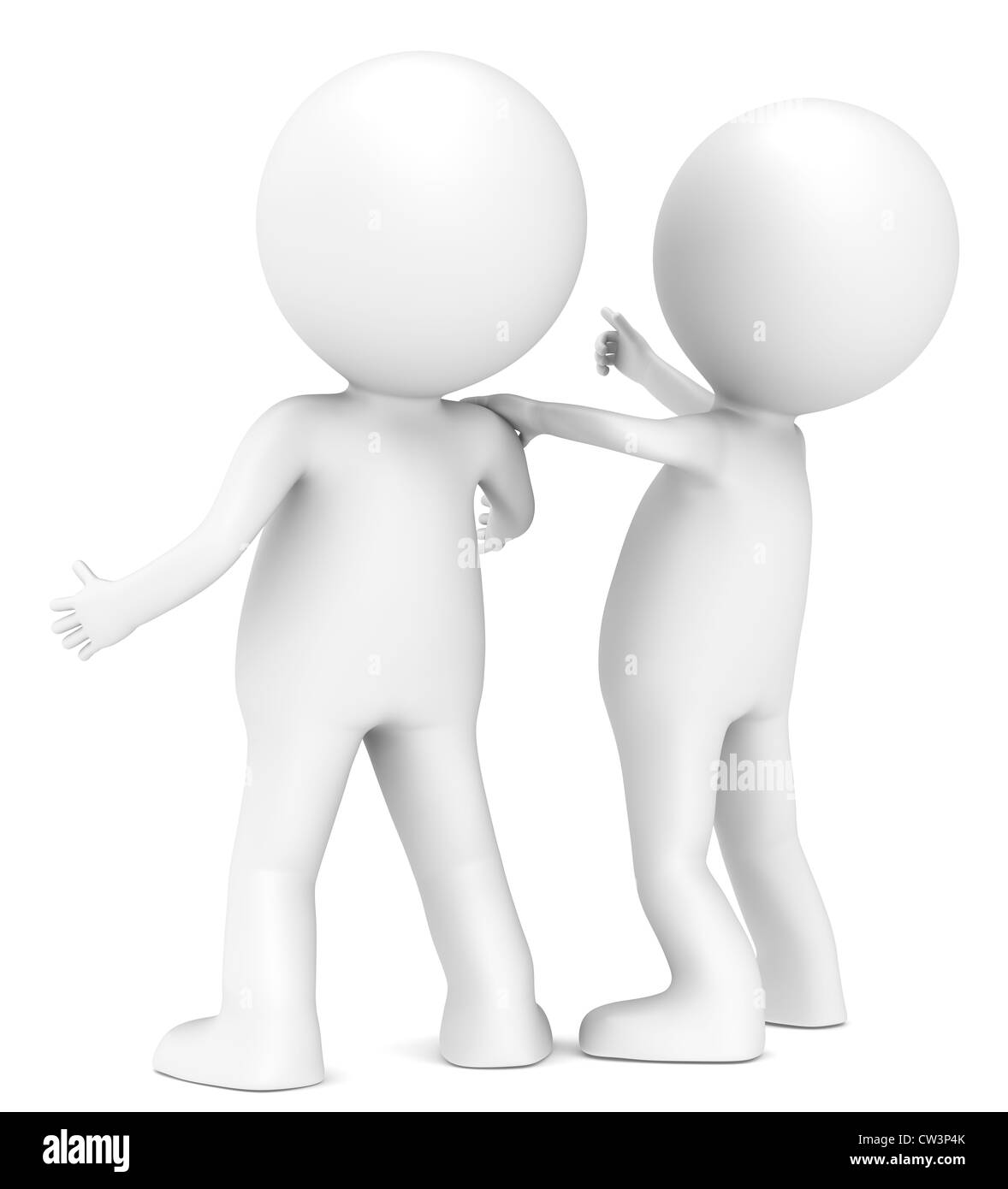 3D little caratteri umani i colleghi guardando qualcosa. Vista posteriore. Persone serie. Foto Stock