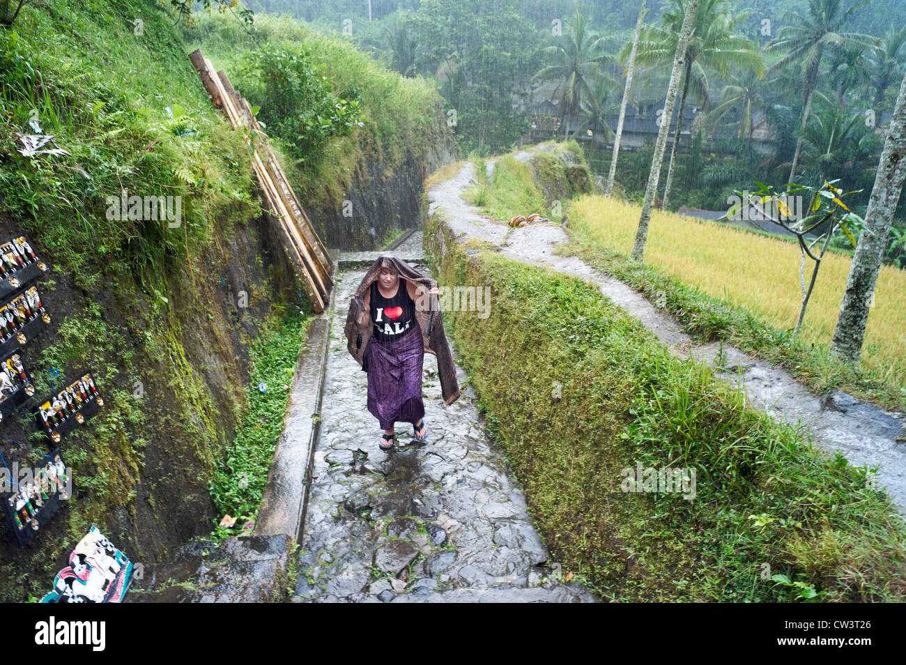 Un turista copre se stessa dalla pioggia a Subaks di Tampak Siring Foto Stock