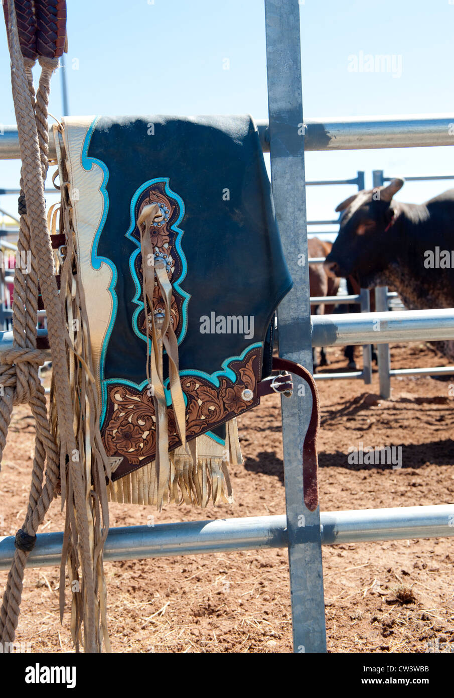 Vestito da cowboy per strappi bull concorso di equitazione presso il monte Isa Rodeo in Outback Queensland, con bull a cantieri di stock Foto Stock