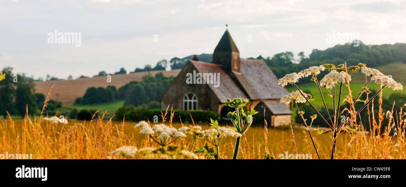 Chiesa di St Hubert at Idsworth, Hampshire circondato da campi di fiori selvatici Foto Stock