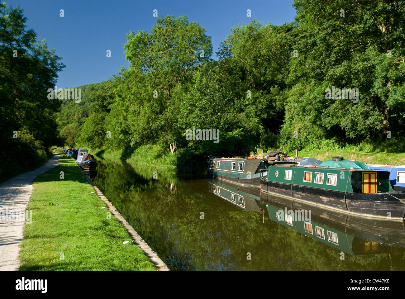 Barche strette su Kennet e Avon Canal, Claverton vicino a Bath, Somerset. Foto Stock