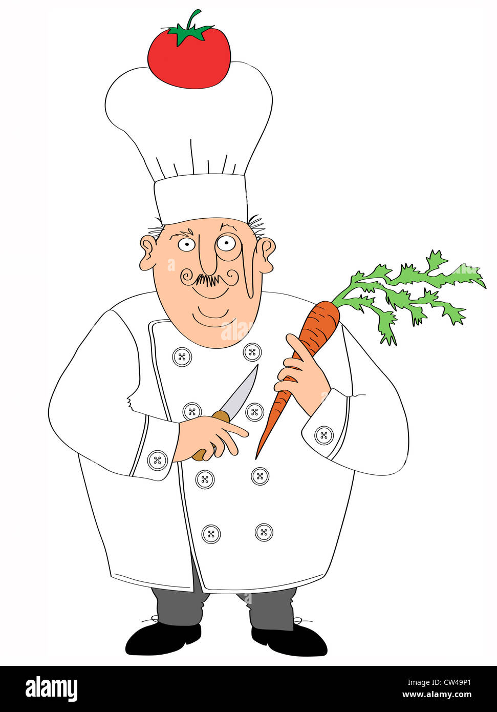 Lo Chef tenendo la carota ed il coltello da cucina wit tomatoe su chef hat, illustrazione Foto Stock