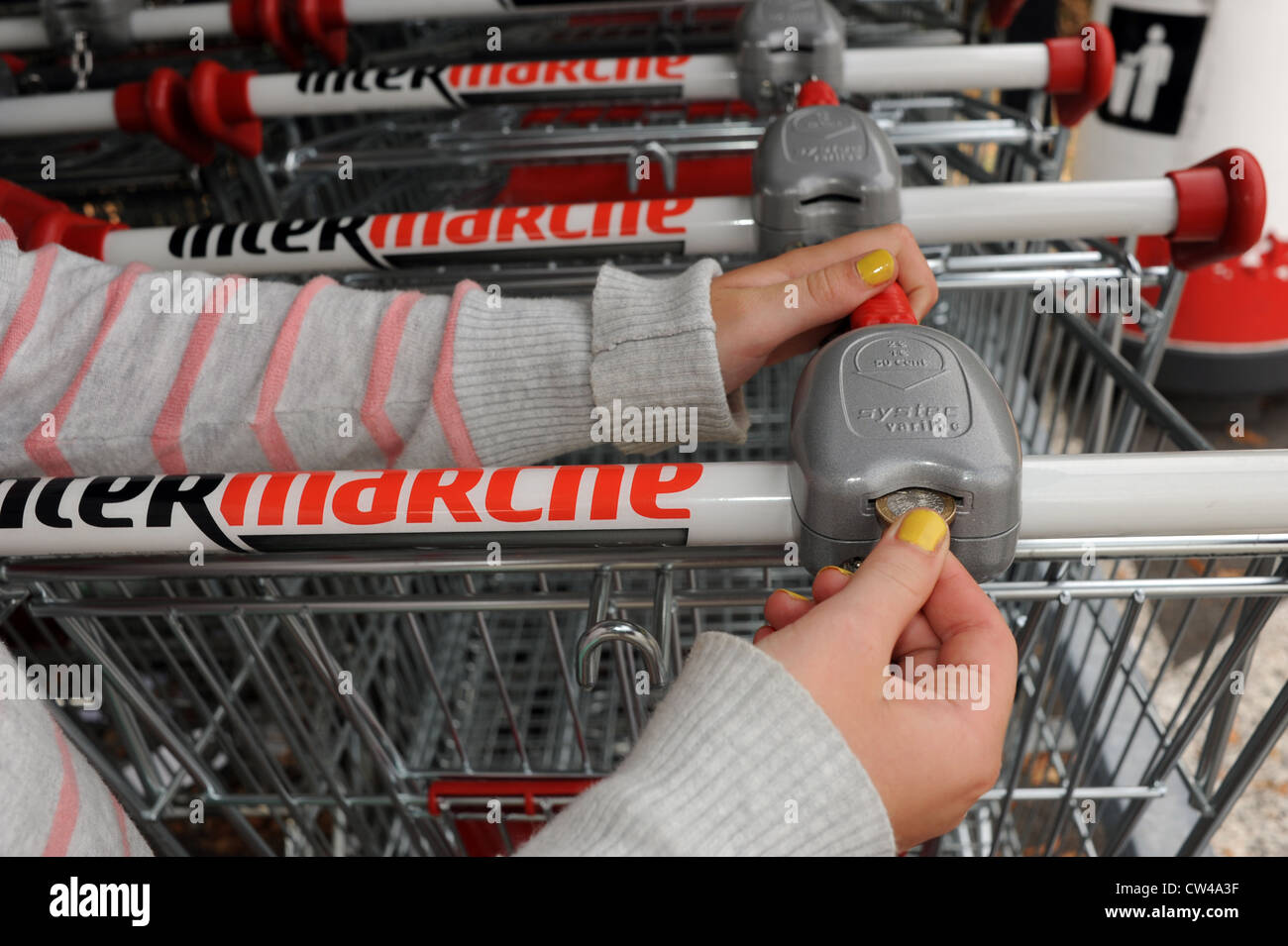 Mettere una moneta per rilasciare il carrello della spesa al supermercato  intermarche nella partita la regione del sud-ovest della Francia Europa  Foto stock - Alamy