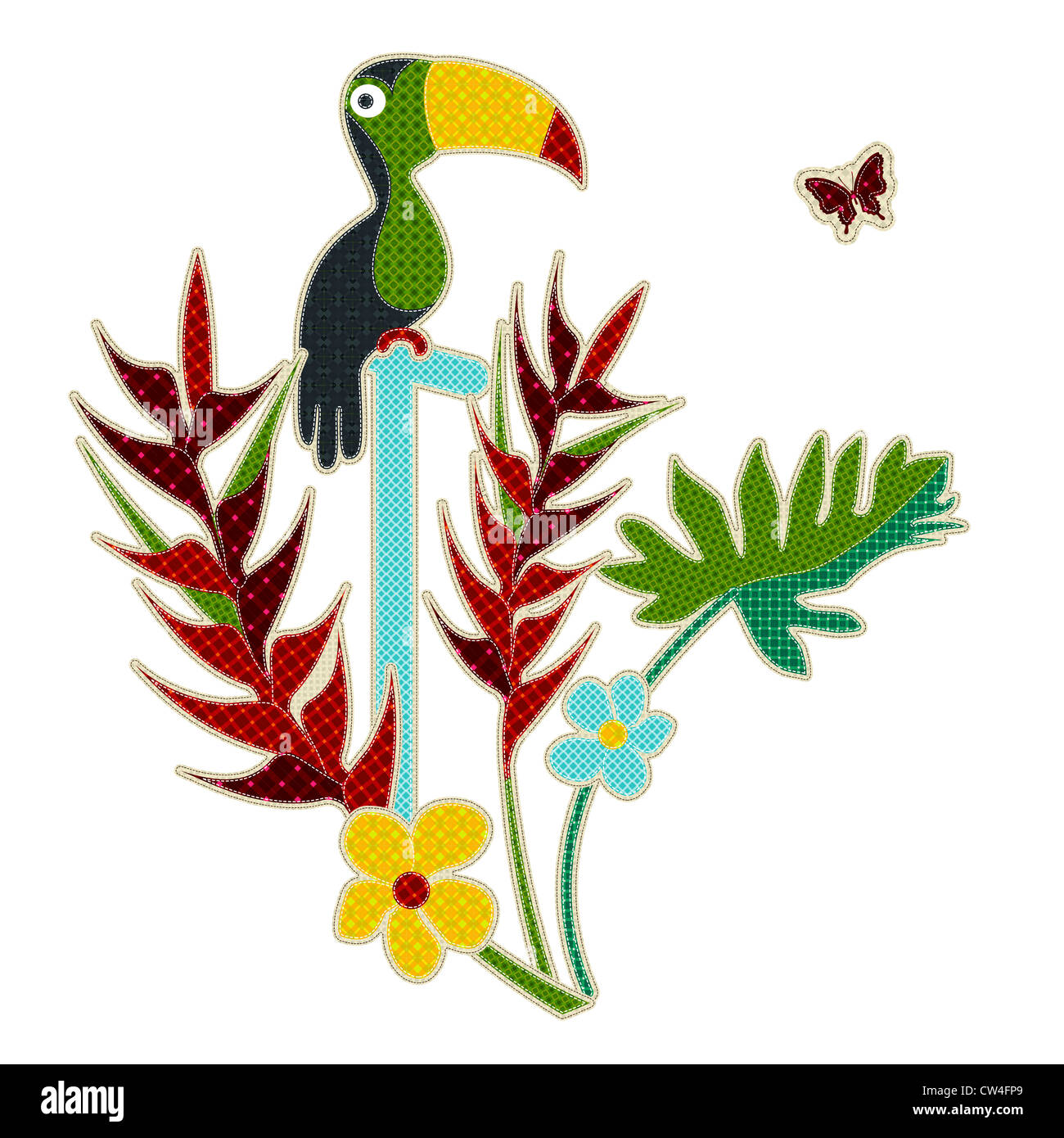 Le illustrazioni patchwork di uccelli tropicali e fiori tropicali Foto Stock