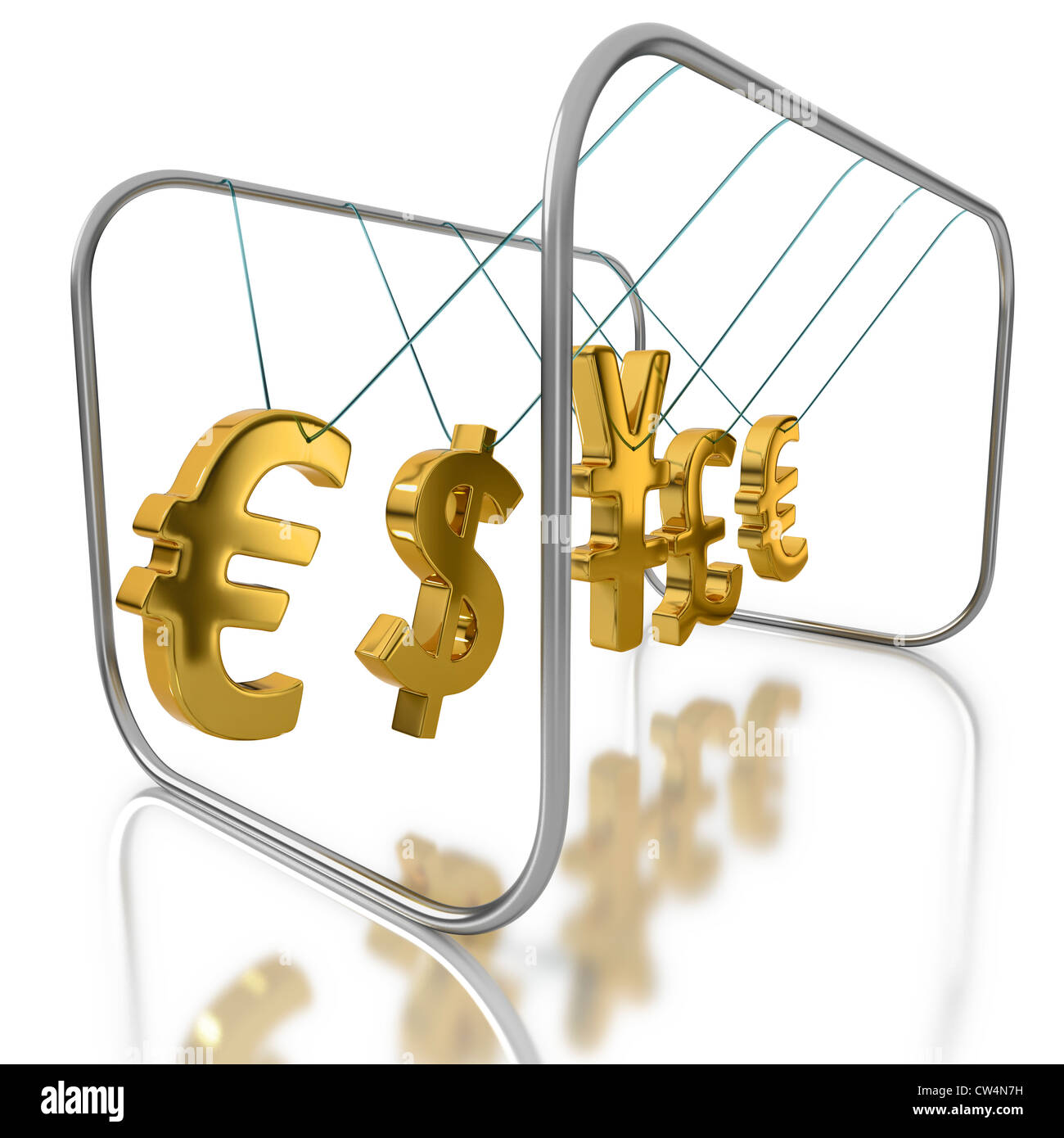 Azione e reazione come valute straniere reagiscono e influenzare altri foreign exchange valute su sfondo bianco Foto Stock