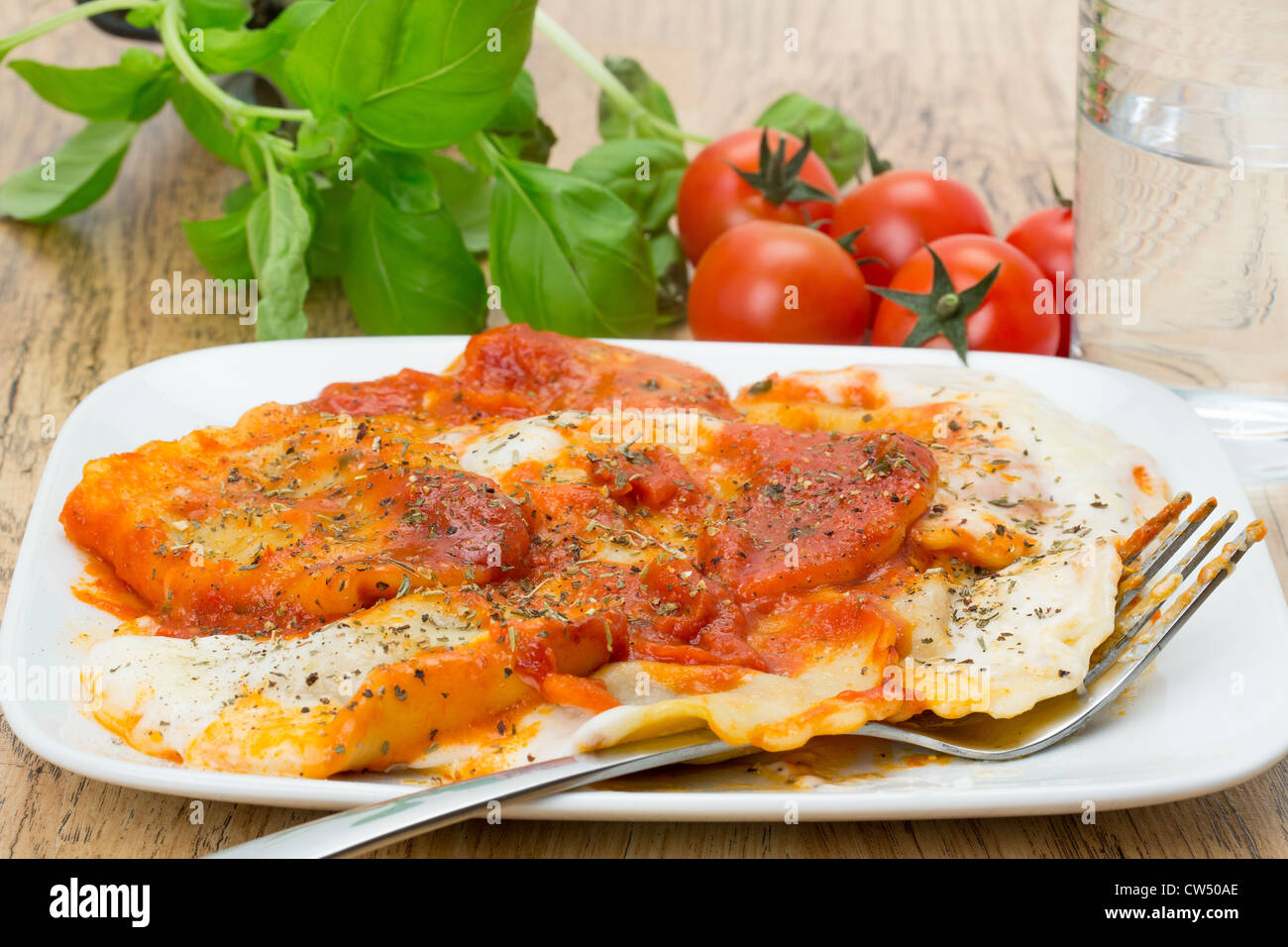 Ravioli di carne di manzo con un ricco di pomodoro e salsa di basilico e rabboccato con besciamella - profondità di campo - studio shot Foto Stock